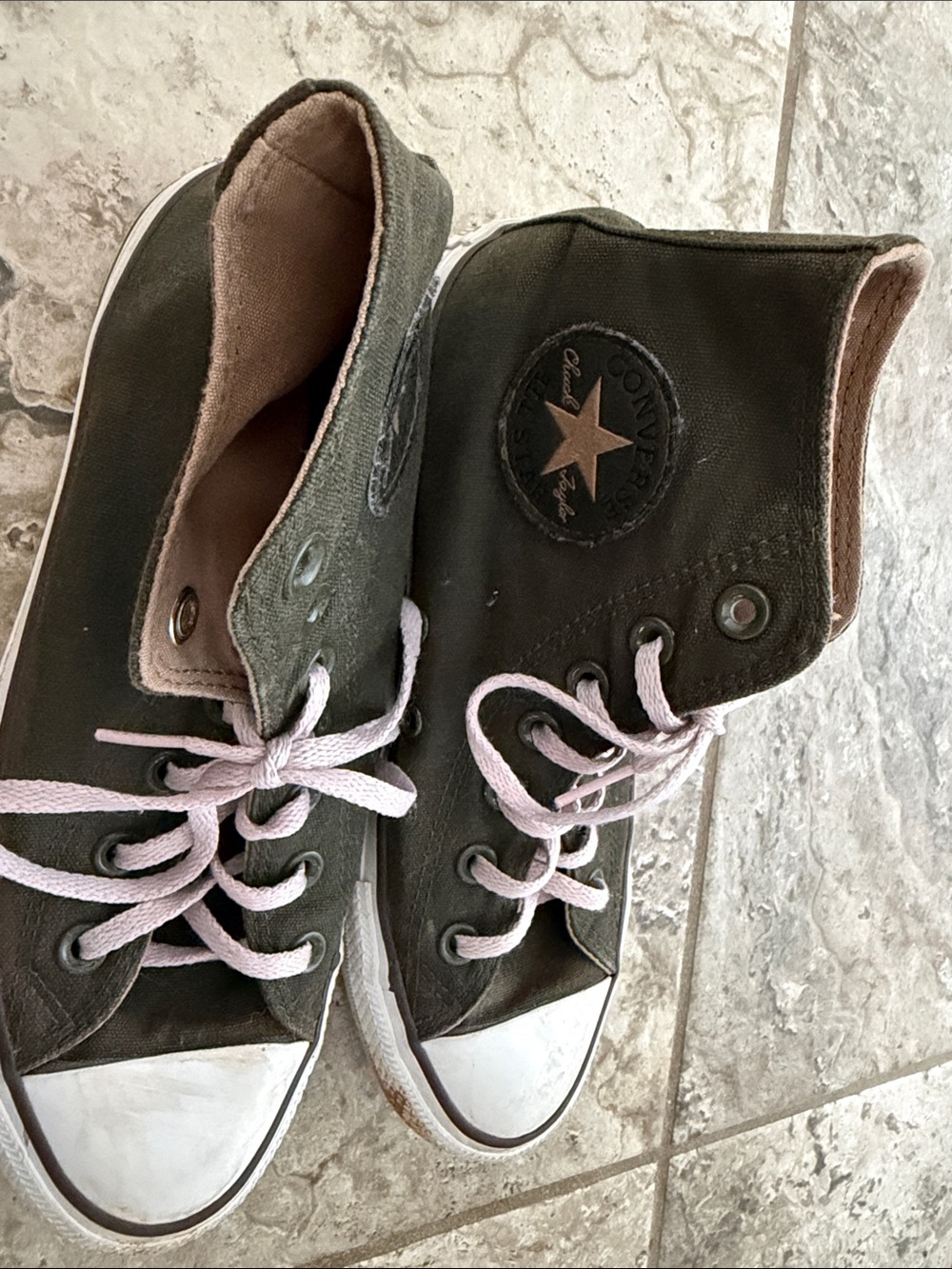 Converse Women’s High-Top Canvas Sneakers in Olive with Light Pink Laces